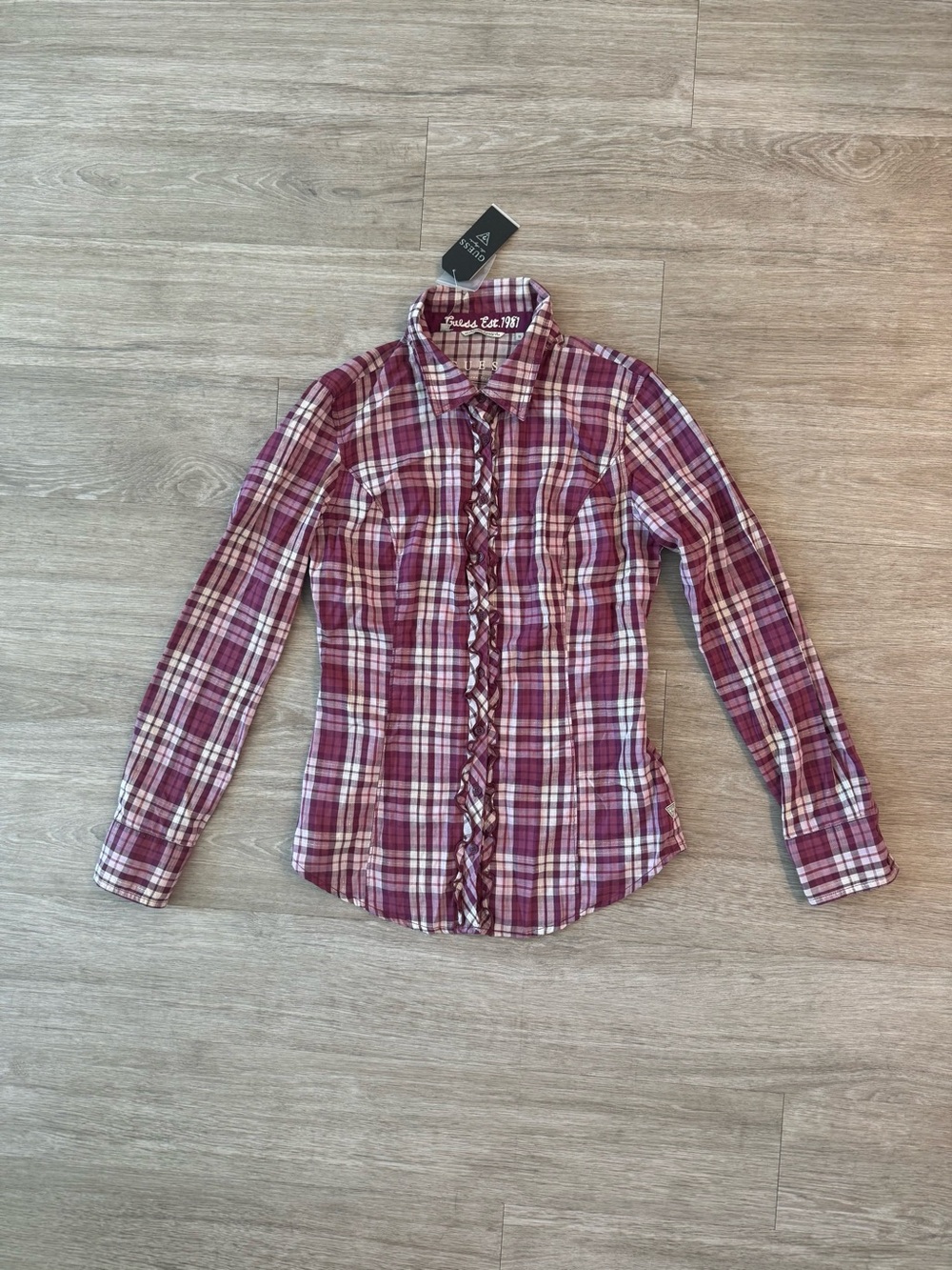 NWT GUESS Plaid Ruffle Button-Down Shirt in Sangria Kiss, Size Small